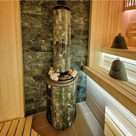 Чугунная банная печь Атмосфера L комбинированная сетка-ламель «Змеевик» наборный