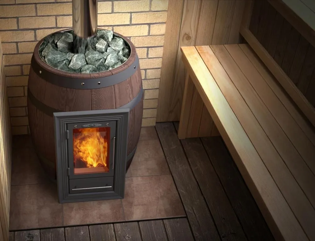 Банная печь Вариата Inox Витра Баррель палисандр