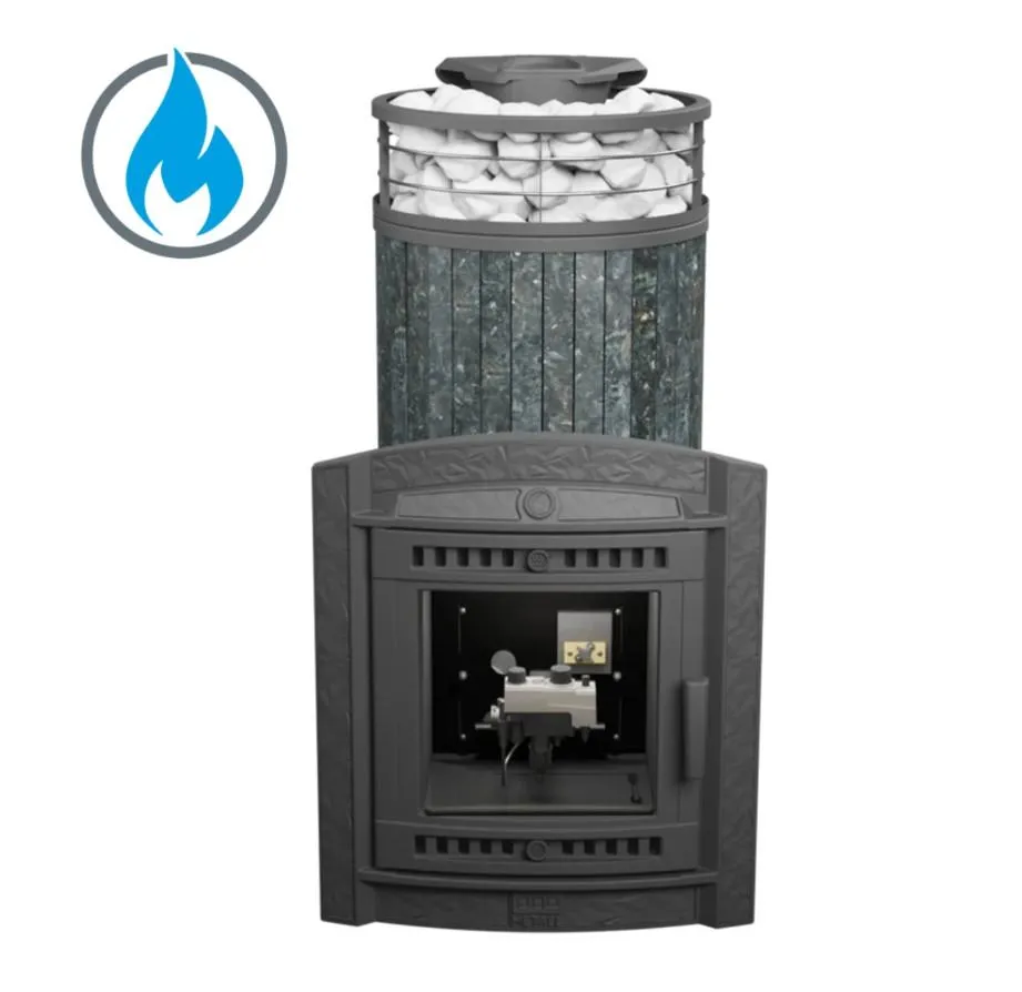 Чугунная банная печь Атмосфера XL Пироксенит ламель+сетка с газовой горелкой