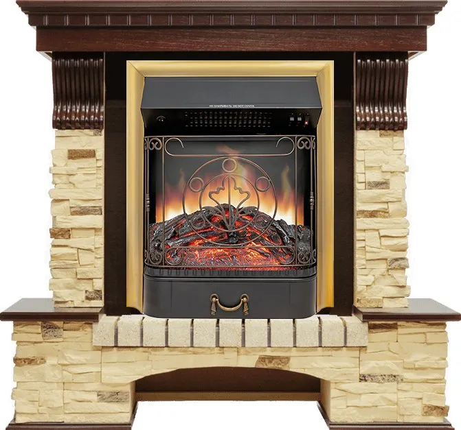 Каминокомплект Pierre Luxe угловой - Темный дуб / Сланец с очагом Majestic FX Brass