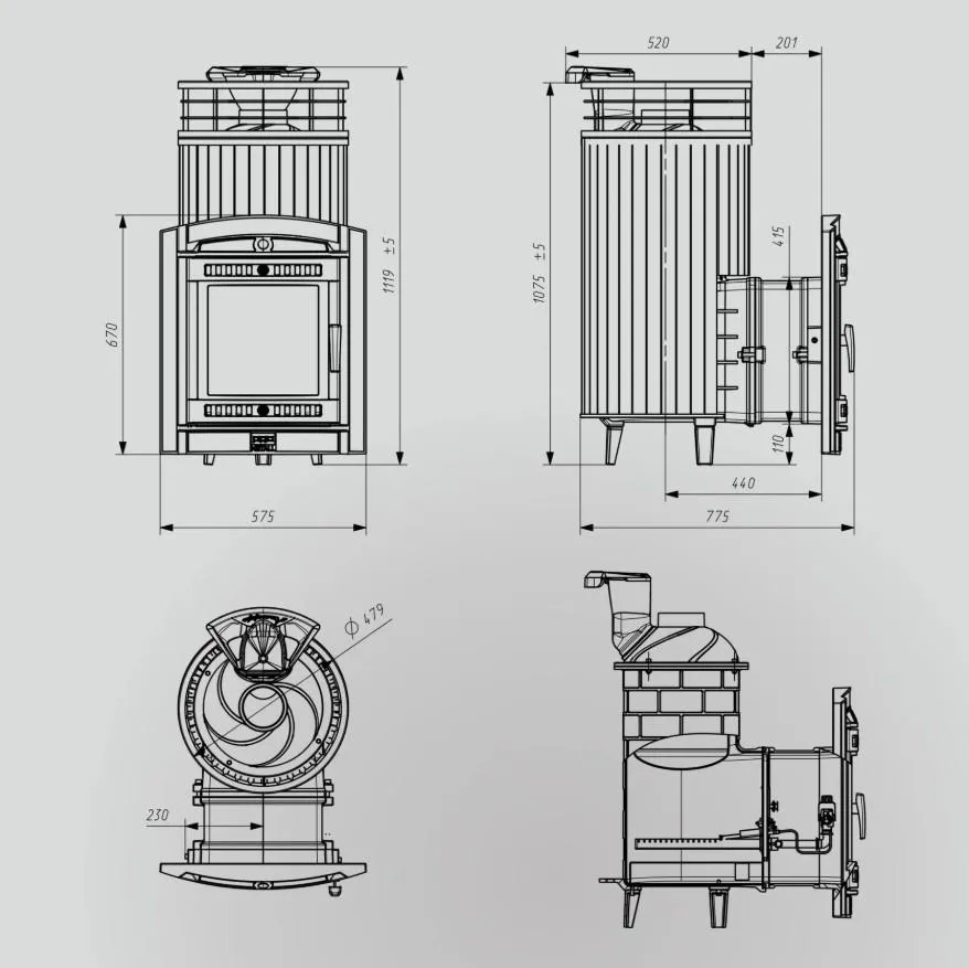 Чугунная банная печь Атмосфера XL Змеевик ламель+сетка с газовой горелкой