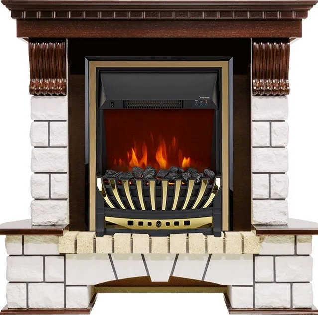 Каминокомплект Pierre Luxe угловой - Темный дуб / Белый с очагом Aspen Gold