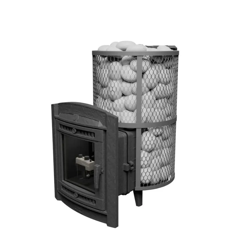 Чугунная банная печь Атмосфера L сетка нержавейка с газовой горелкой