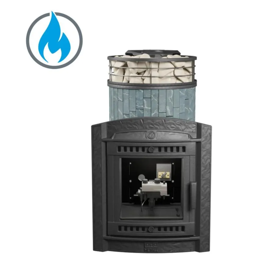 Чугунная банная печь Атмосфера L Талькохлорит ламель+сетка с газовой горелкой