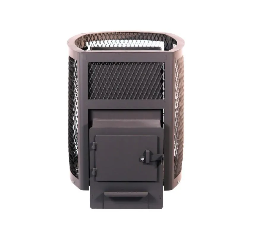 Стальная печь-камин банная "Копеечка" с ВТК (сетка высечка)