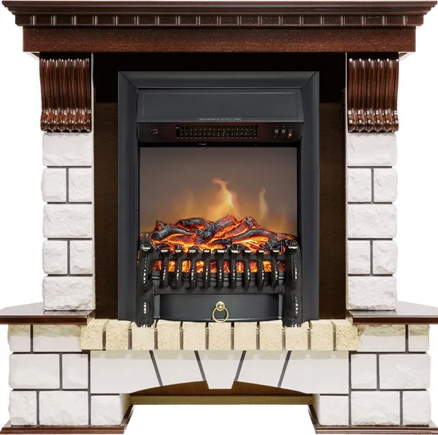 Каминокомплект Pierre Luxe угловой - Темный дуб / Белый с очагом Fobos FX M Black RC