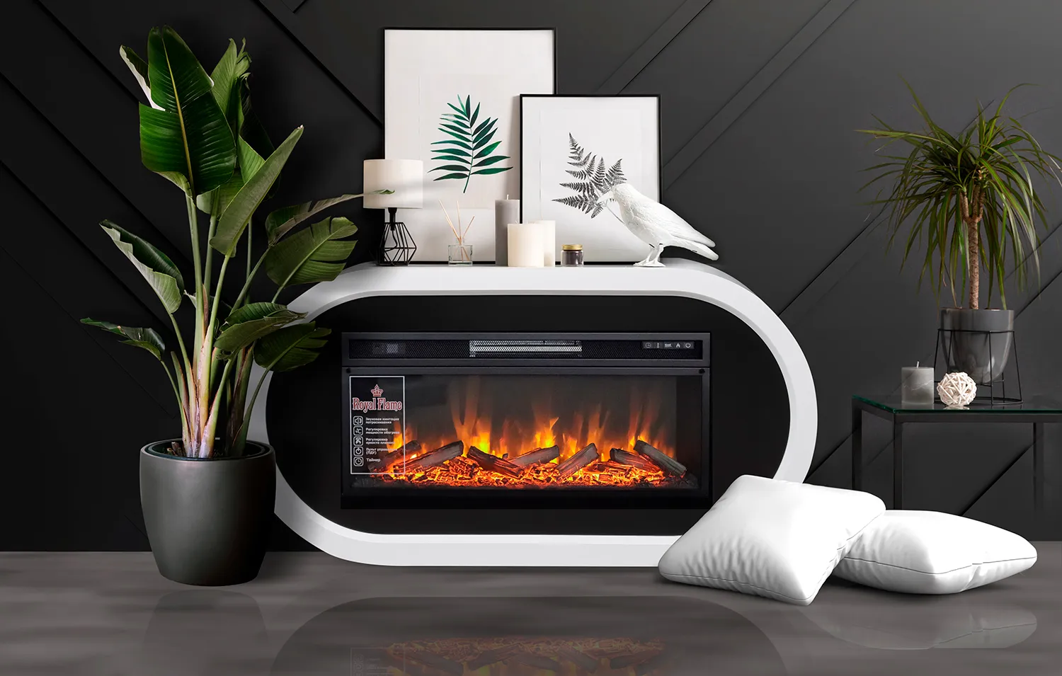 Каминокомплект Ellipse - Белый с черным (ширина 1450 мм) с очагом Vision 42 LED