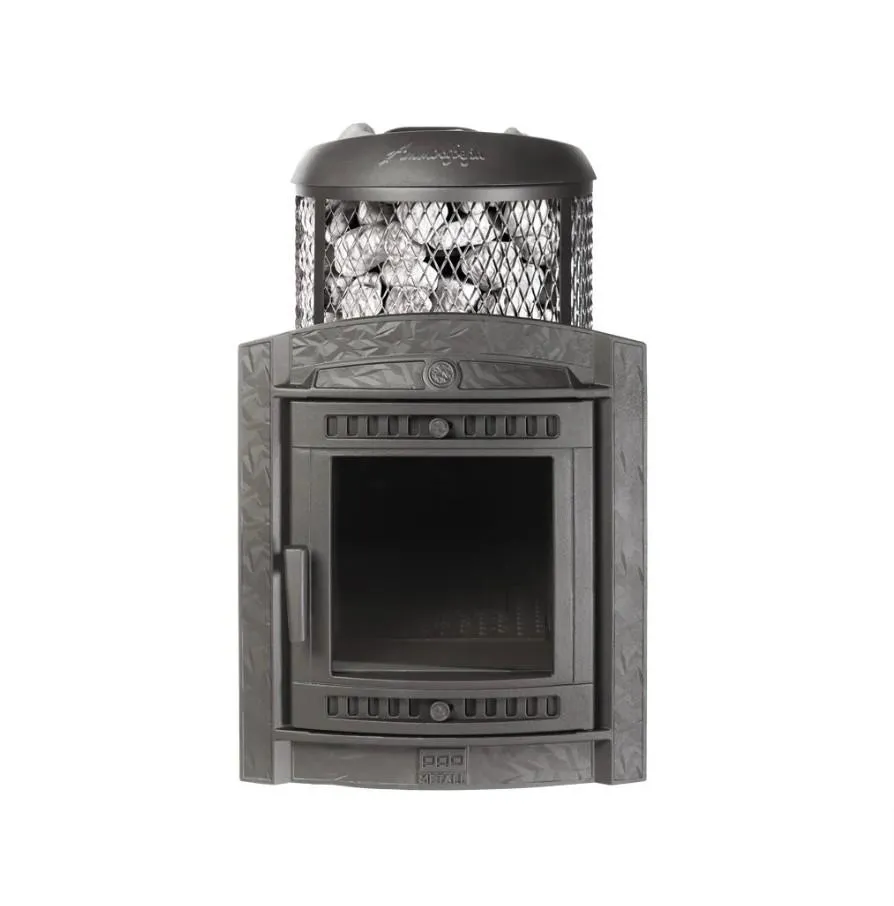 Чугунная банная печь Атмосфера L с комбинированной облицовкой «Окаменевшее дерево» наборное