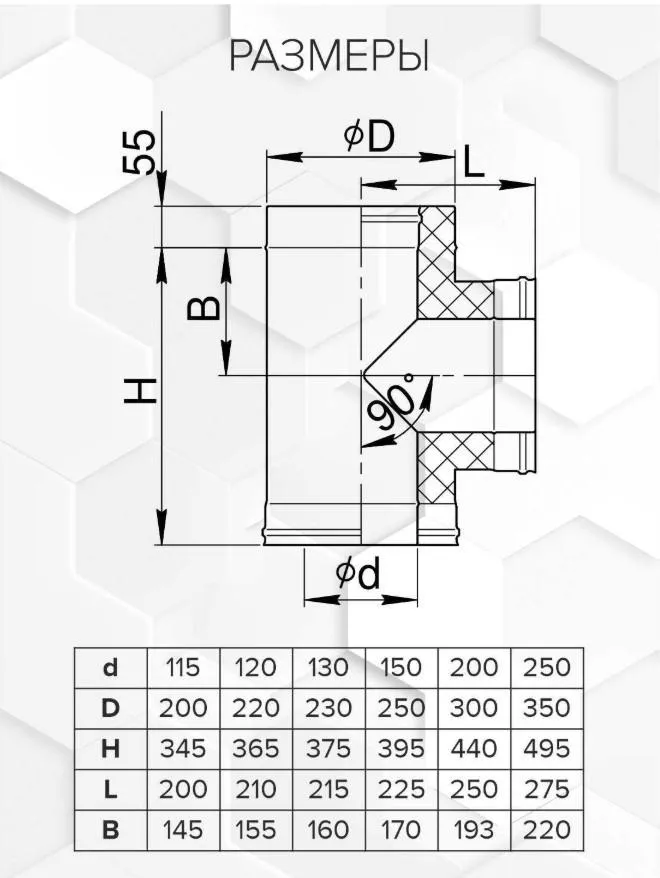 Сэндвич-тройник 90° (304/0,8мм + нерж./эмаль/600 черная + керамика) Ф115х200
