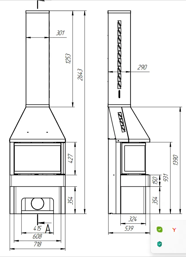 Печь-камин Панорама три стекла черный