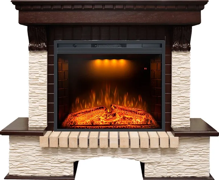 Каминокомплект Pierre Luxe угловой - Темный дуб / Сланец бежевый с очагом Emerald 28