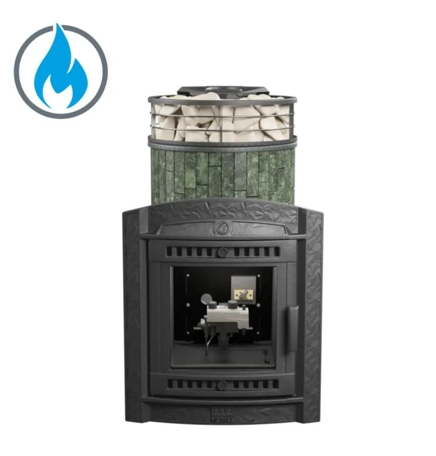 Чугунная банная печь Атмосфера L Змеевик ламель сетка с газовой горелкой