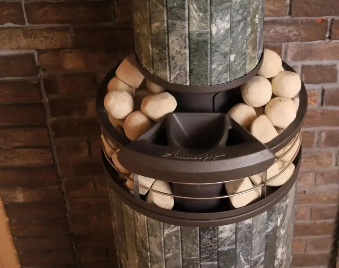 Чугунная банная печь Атмосфера L Окаменевшее дерево ламель+сетка с газовой горелкой