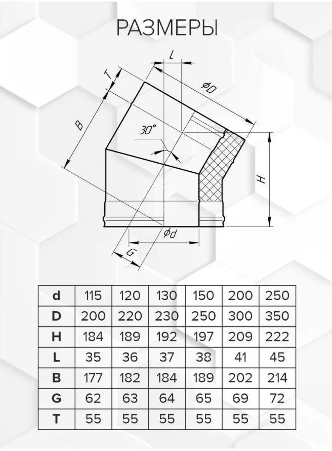 Сэндвич-колено 135° (AISI 304/0,8+430/эмаль/600 черная+керамика) Ф115х200