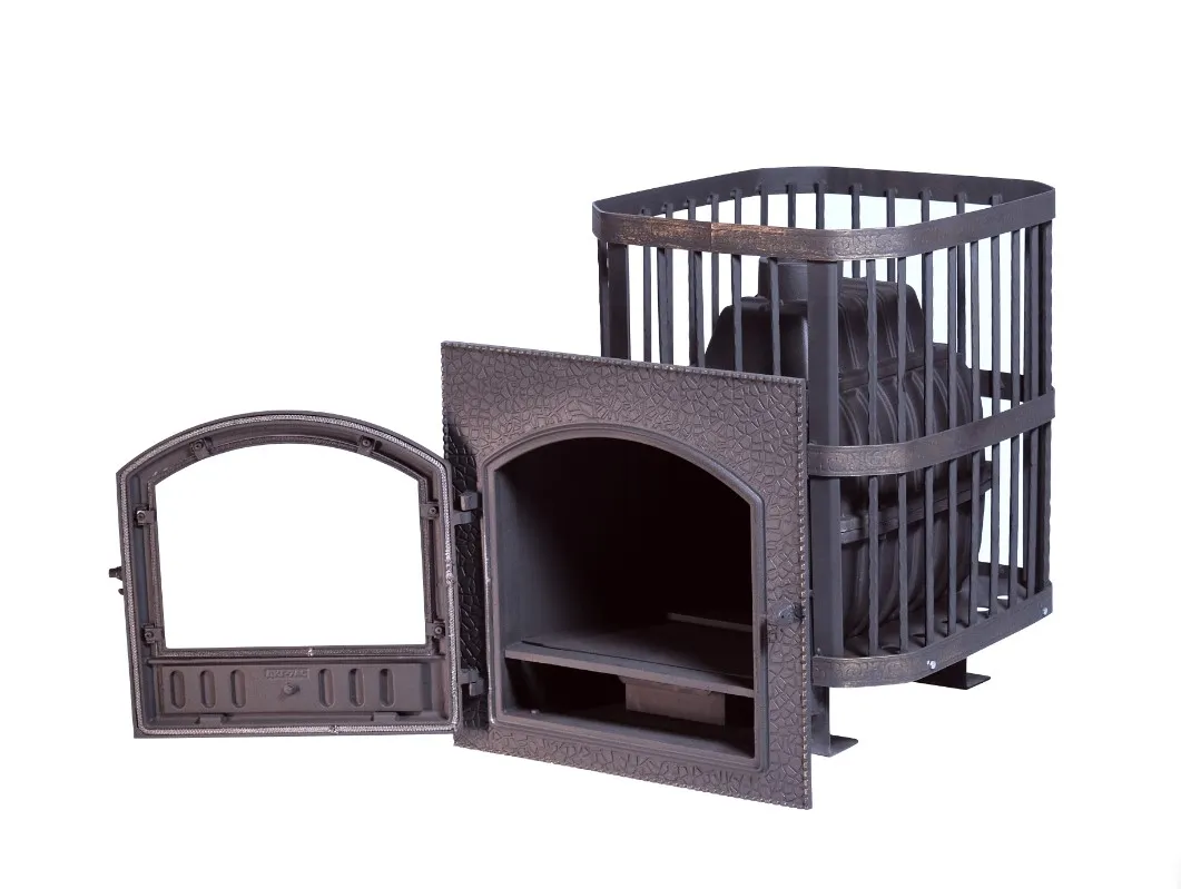 Чугунная банная печь Сибирь 24 Каминная дверца 545х545 сетка