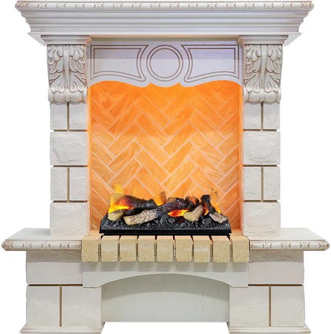 Каминокомплект Pierre Luxe угловой - Слоновая кость / Шампань (Высота 975мм) с очагом Cassette 400 LNH-INT (с дровами)