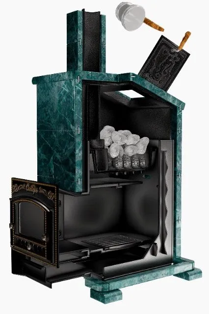 Премиальная банная печь Сибирь 25 ЗК дверка 545х545 в облицовке Президент змеевик