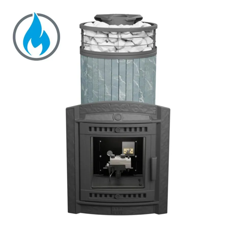 Чугунная банная печь Атмосфера XL Талькохлорит ламель+сетка с газовой горелкой