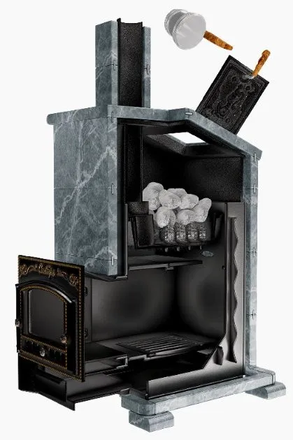 Премиальная банная печь Сибирь 40 ЗК дверка 700х700 в облицовке Президент талькомагнезит