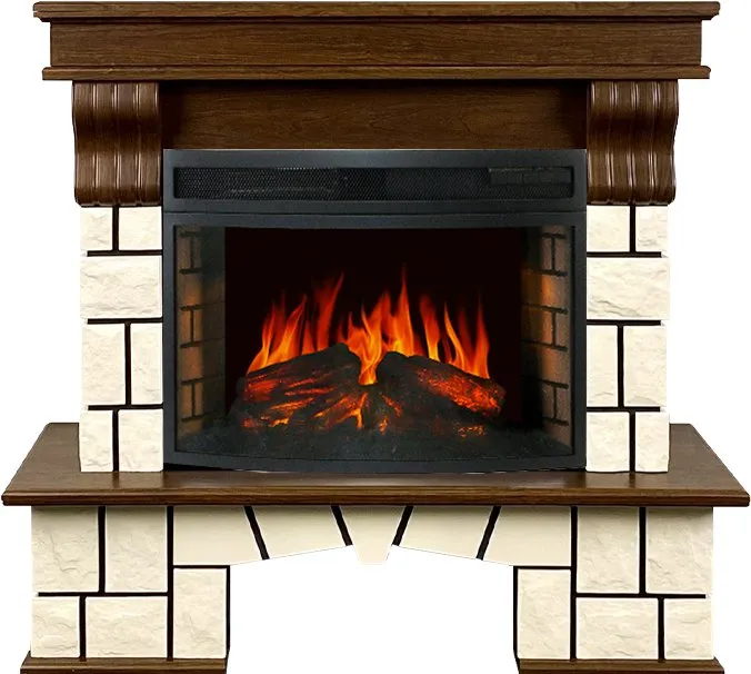 Каминокомплект Porto (Разборный) - Орех каньон/Белый камень с очагом Dioramic 25 LED FX