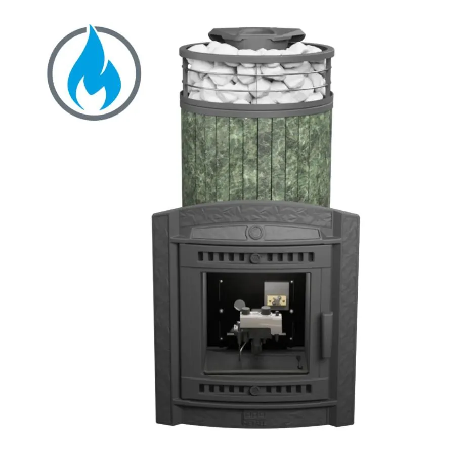 Чугунная банная печь Атмосфера XL Змеевик ламель+сетка с газовой горелкой