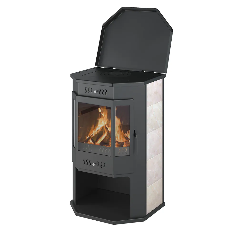 Печь-Камин ВЕЗУВИЙ ПК-05 Призматик с плитой бежевый 12 кВт (200 м3) Ø150мм