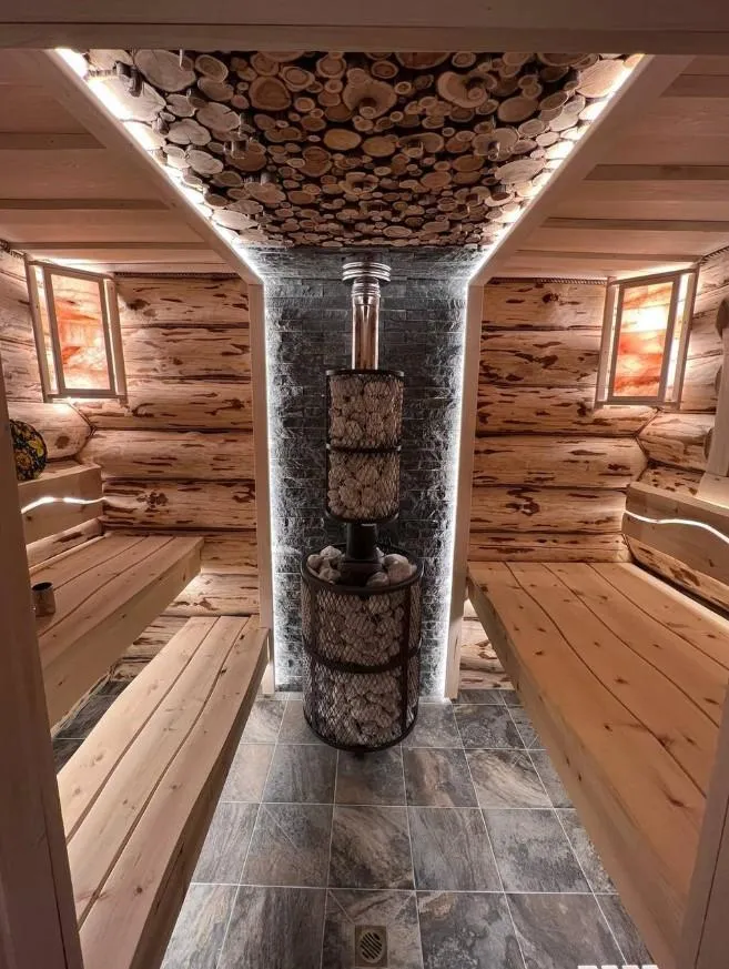 Чугунная банная печь Атмосфера L сетка из нержавеющей стали