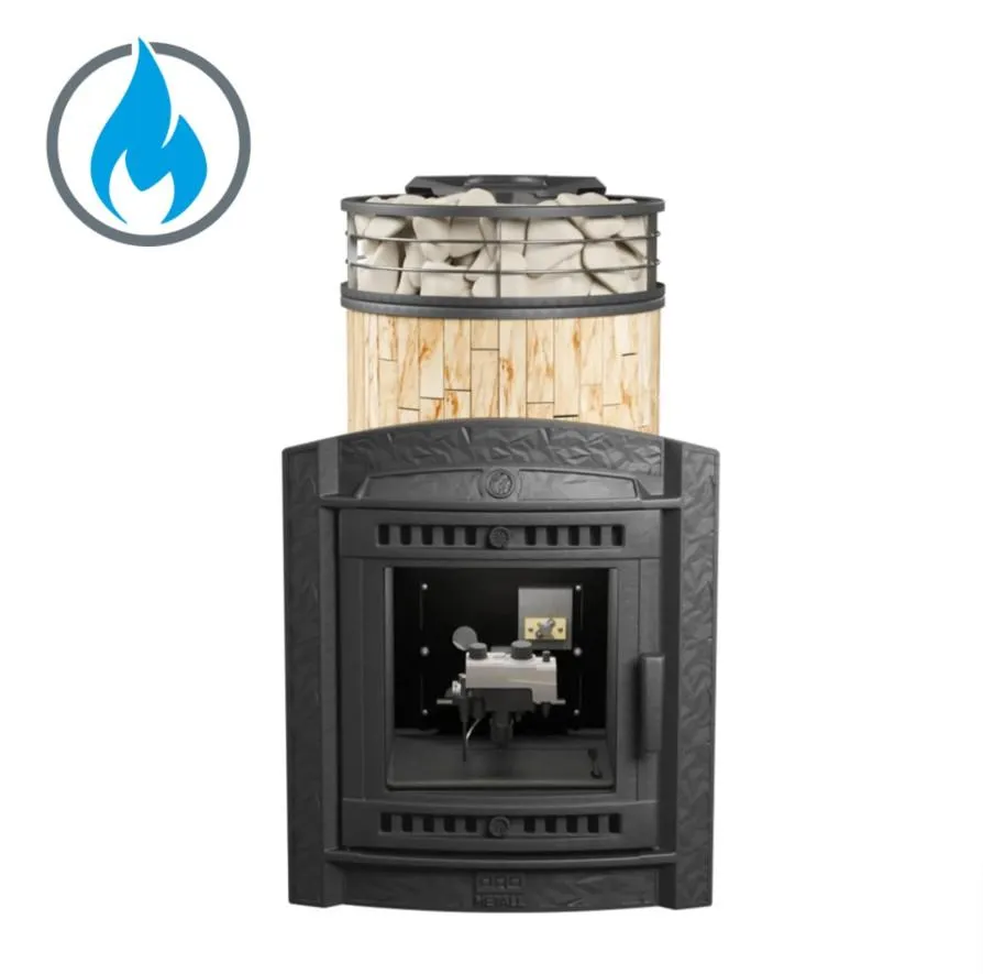 Чугунная банная печь Атмосфера L Окаменевшее дерево ламель+сетка с газовой горелкой