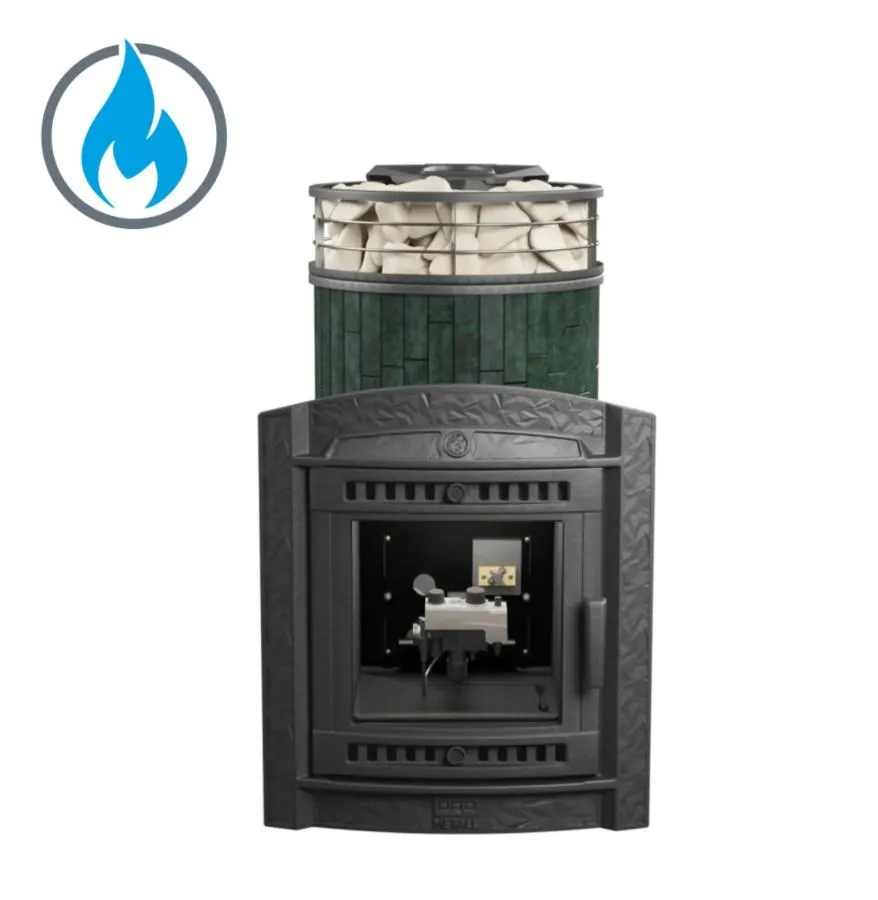 Чугунная банная печь Атмосфера L Верде Гватемала ламель+сетка с газовой горелкой