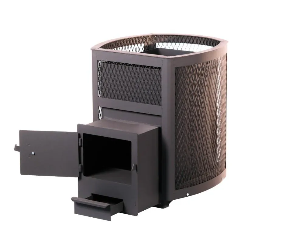 Стальная печь-камин банная "Копеечка" с ВТК (сетка высечка)