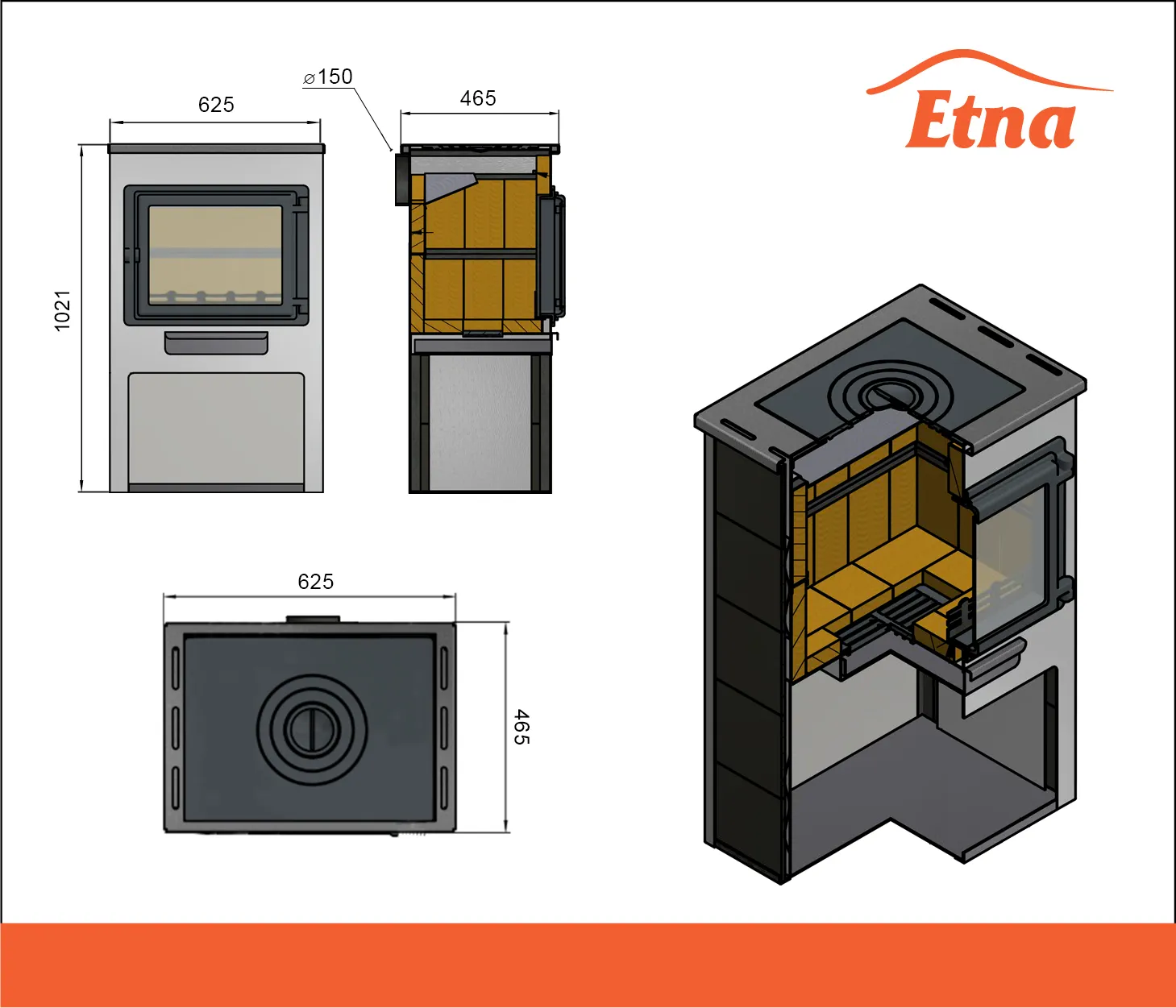 Печь-камин ЭТНА (Панорама) с плитой и т/о Бежевый Ø150мм