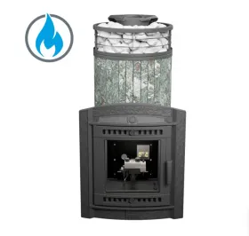 Чугунная банная печь Атмосфера XL Жадеит ламель+сетка с газовой горелкой