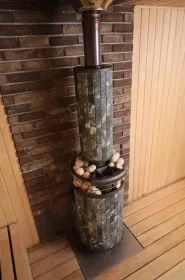 Чугунная банная печь Атмосфера L Пироксенит ламель+сетка с газовой горелкой