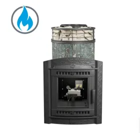 Чугунная банная печь Атмосфера L Жадеит ламель+сетка с газовой горелкой