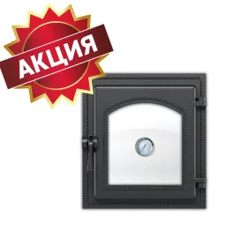 Чугунная каминная дверка со стеклом 270 с термометром (Антрацит)