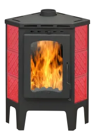 Печь-камин Бавария Угловая изразцовая "Решетка" красная с металлической крышкой
