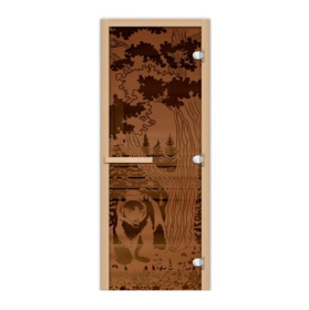 Стеклянная дверь для бани и сауны 1900х700 Мишка в лесу мат