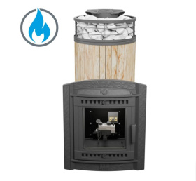 Чугунная банная печь Атмосфера XL Окаменевшее дерево ламель+сетка с газовой горелкой