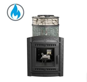 Чугунная банная печь Атмосфера L Жадеит ламель+сетка с газовой горелкой