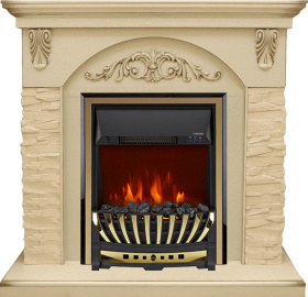 Каминокомплект Bern Сланец крупный бежевый / Алебастр темная патина с очагом Aspen Gold