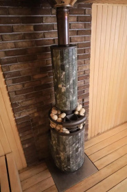 Чугунная банная печь Атмосфера L Окаменевшее дерево ламель+сетка с газовой горелкой